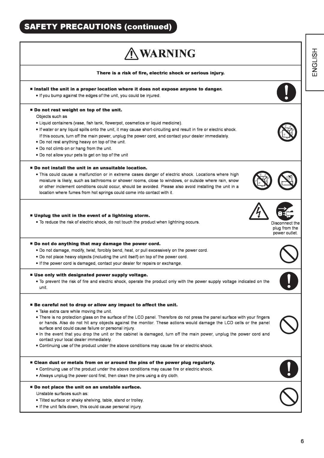 Hitachi UT32A302W manual SAFETY PRECAUTIONS continued, English 