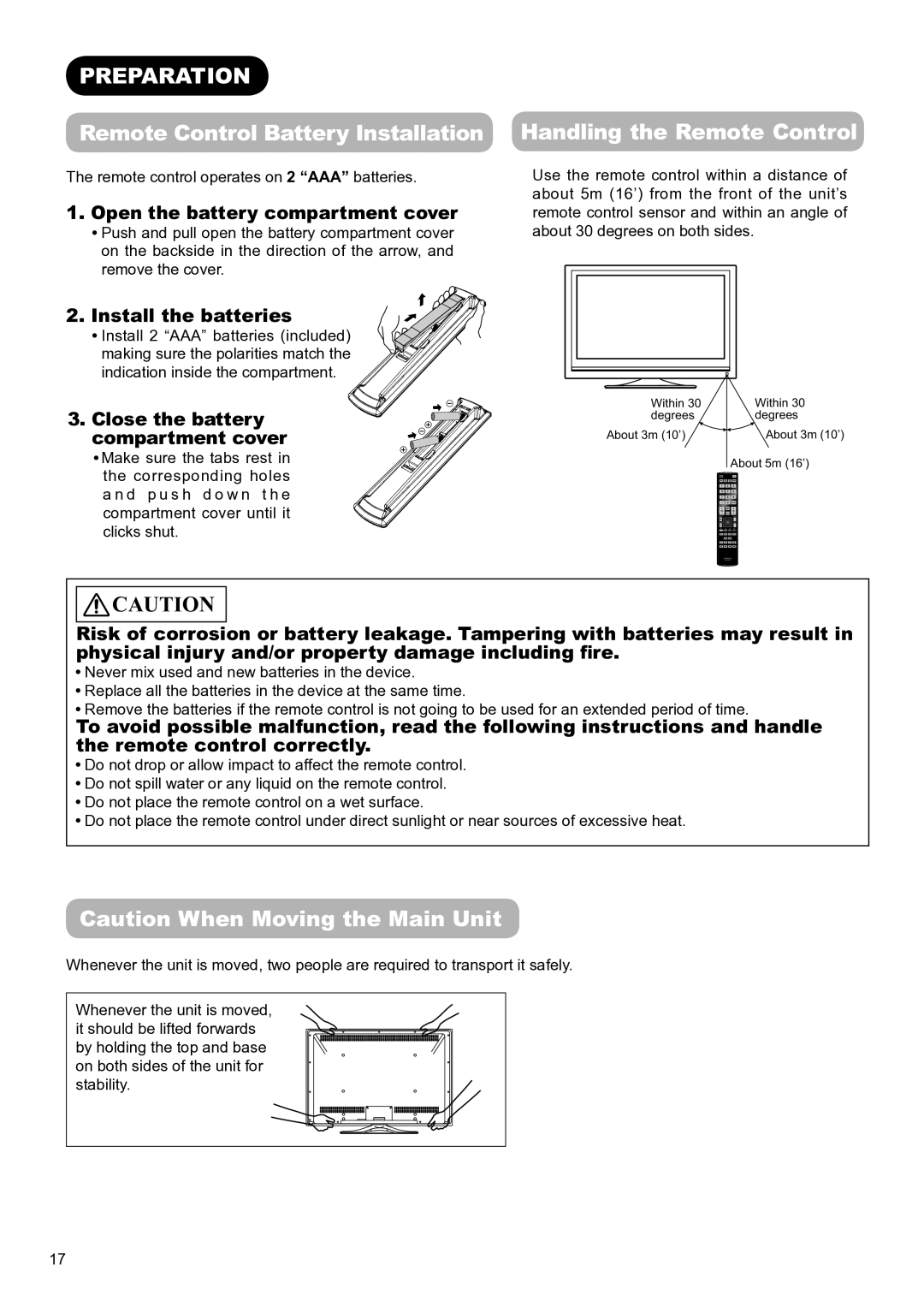 Hitachi UT32V502W Preparation, Remote Control Battery Installation, Handling the Remote Control, Install the batteries 