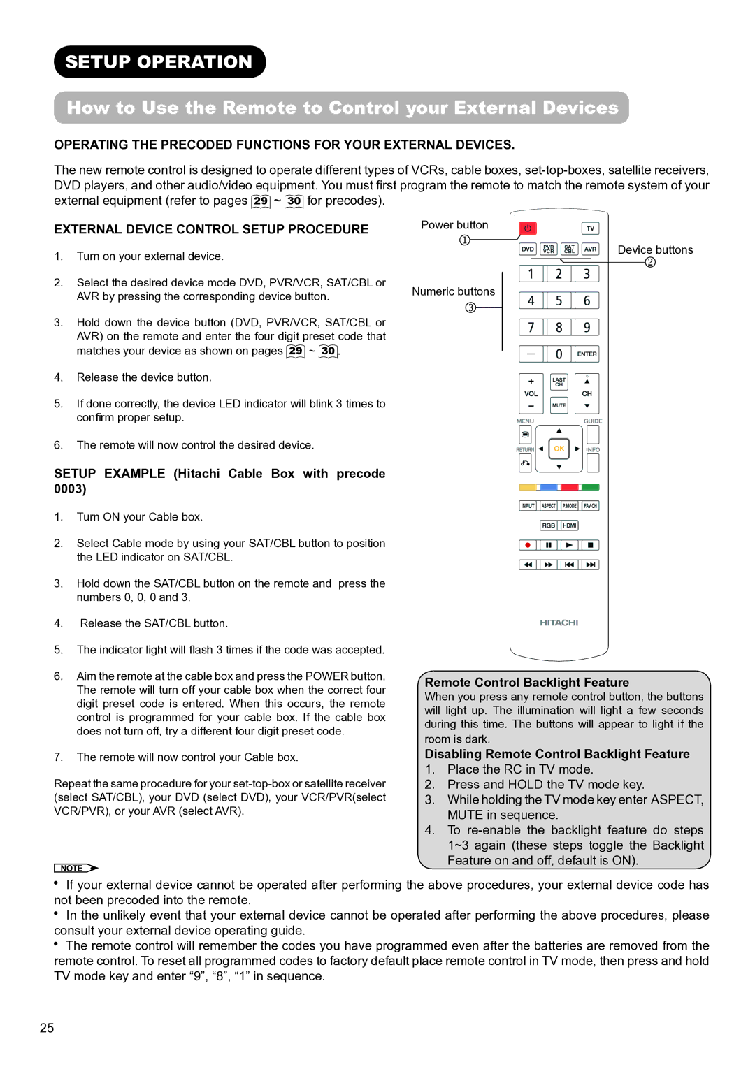 Hitachi UT32V502W manual Setup Operation, How to Use the Remote to Control your External Devices 