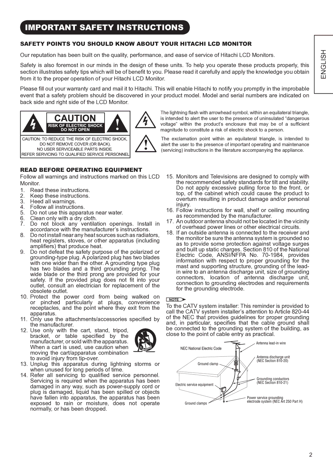 Hitachi UT32V502W manual Important Safety Instructions, English 