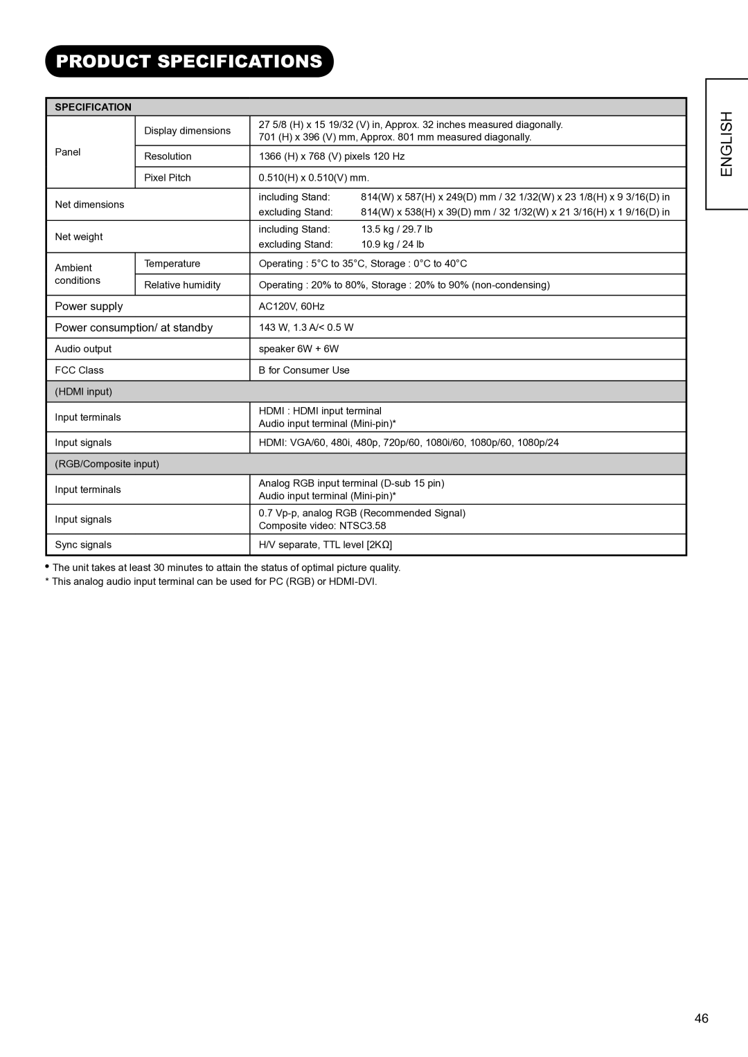 Hitachi UT32V502W manual Product Specifications 