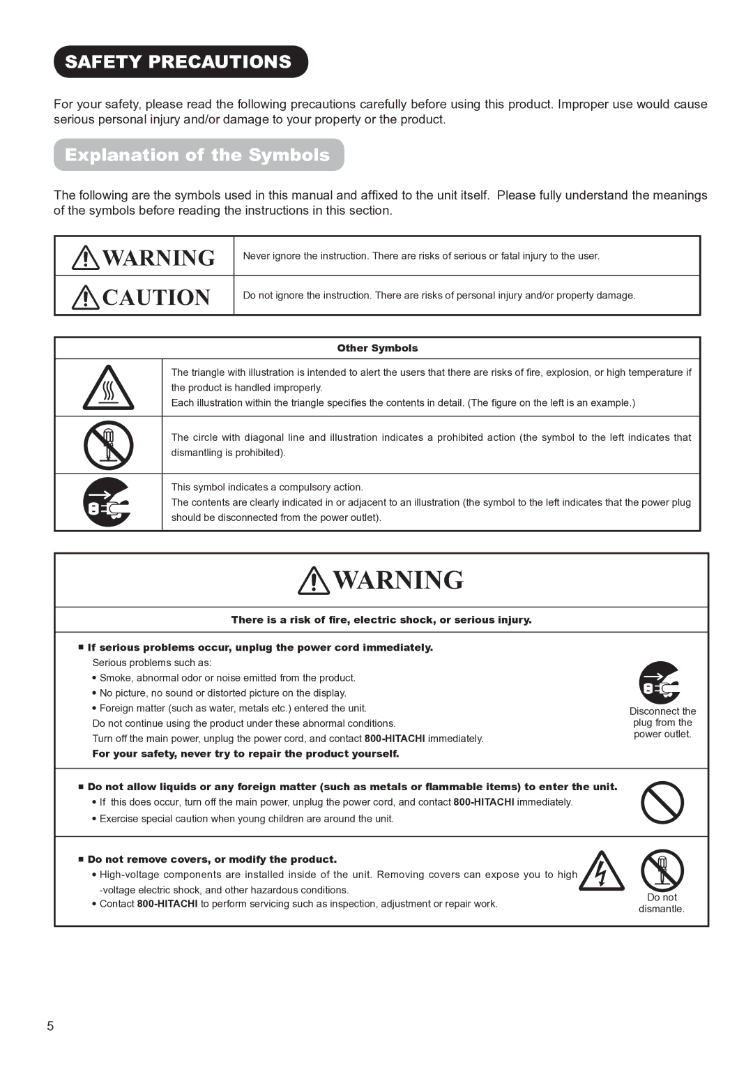 Hitachi UT32V502W manual Safety Precautions, Explanation of the Symbols, Other Symbols 