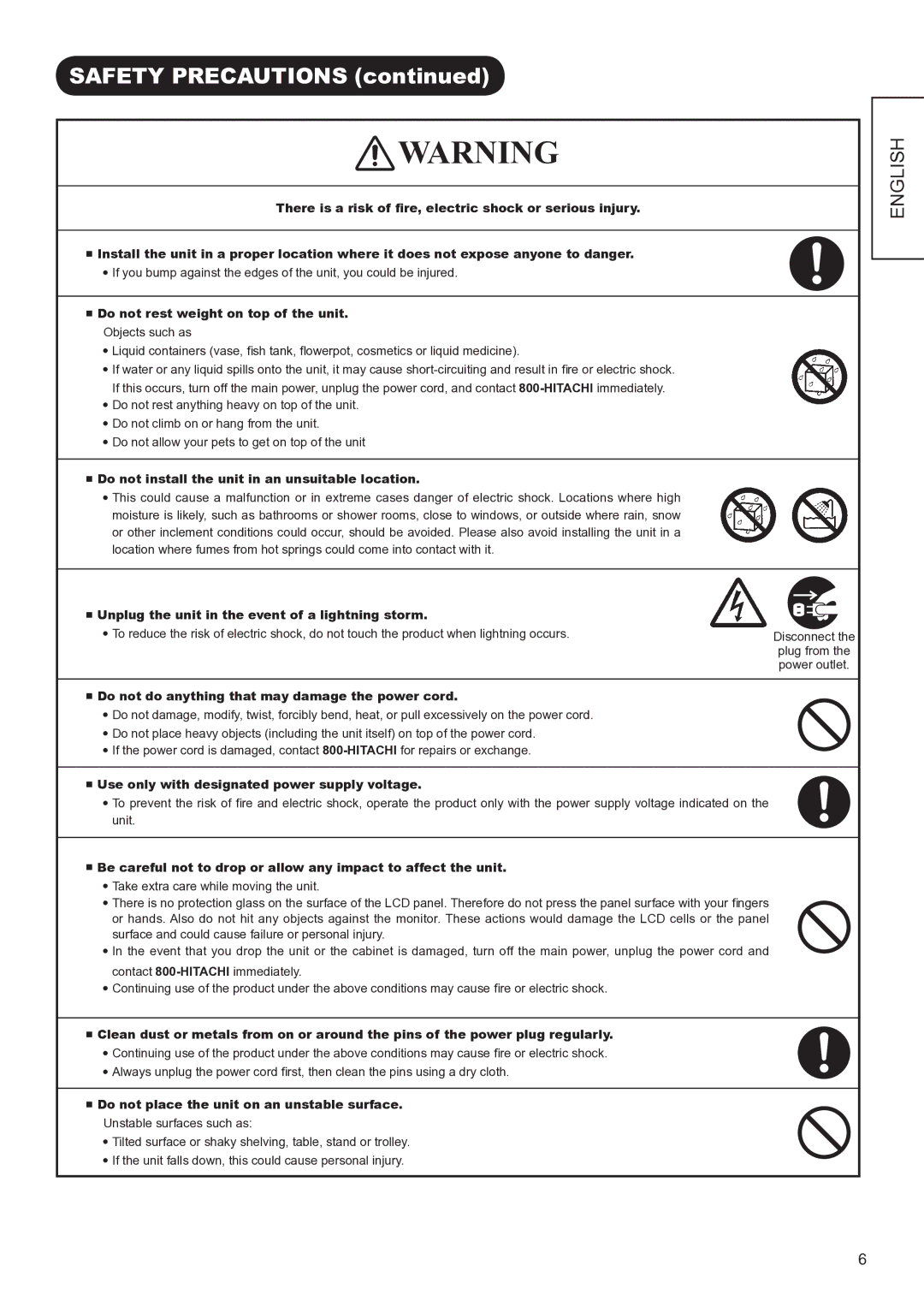 Hitachi UT32V502W manual Safety Precautions 