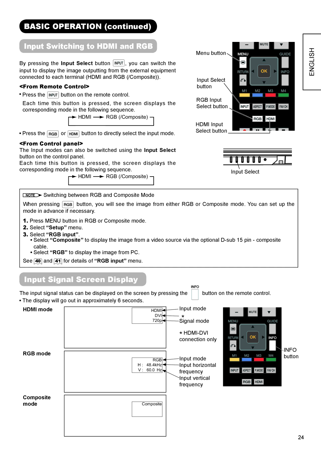 Hitachi UT32X802 manual Basic Operation Input Switching to Hdmi and RGB, Input Signal Screen Display 