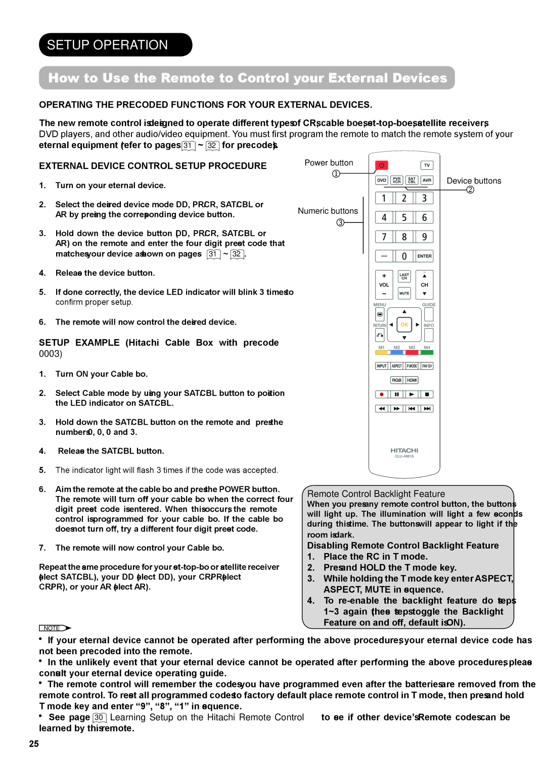 Hitachi UT32X802 Setup Operation, How to Use the Remote to Control your External Devices, Remote Control Backlight Feature 