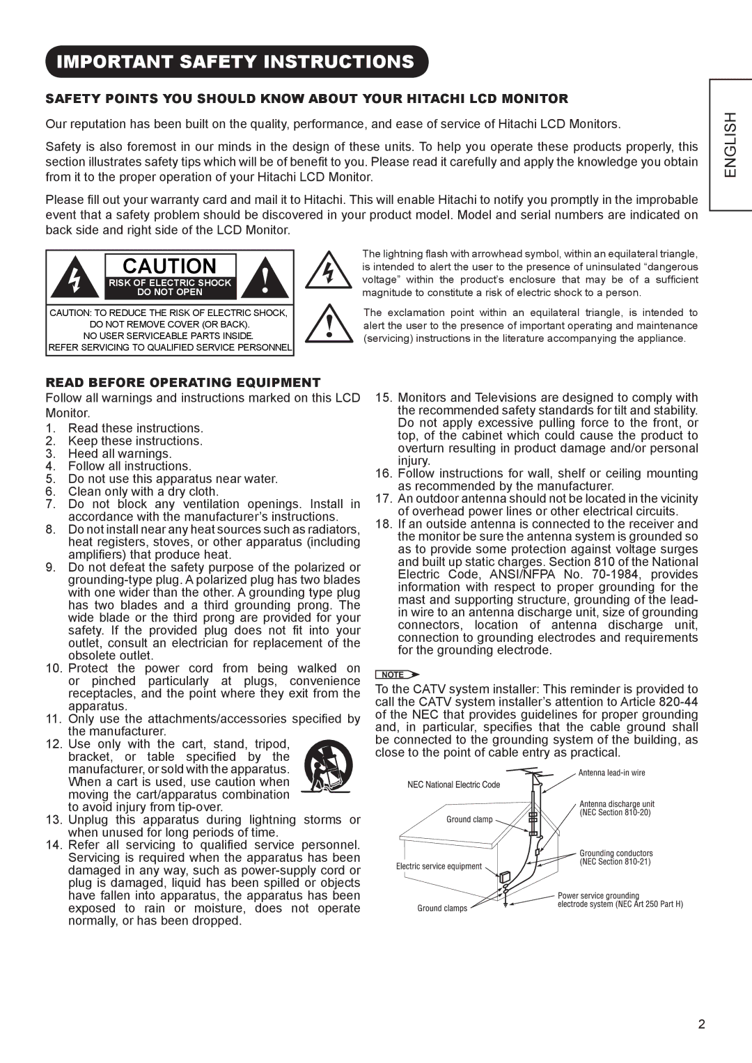 Hitachi UT32X802 manual Important Safety Instructions, English 