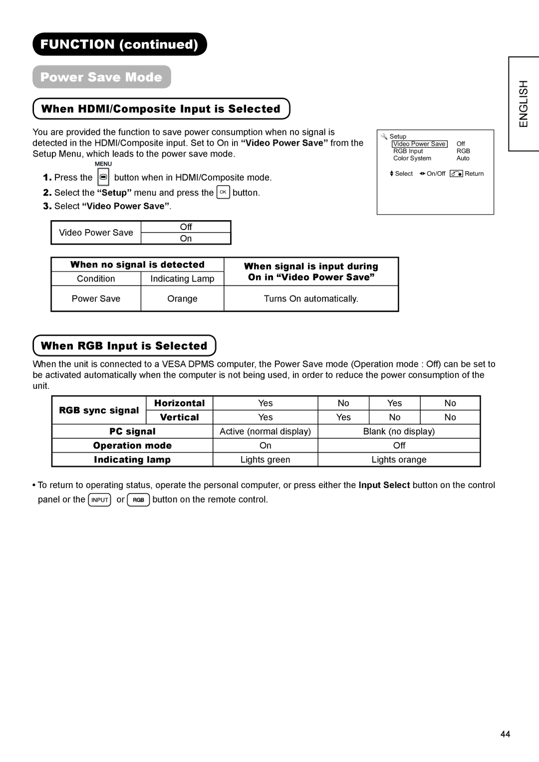 Hitachi UT32X802 manual Function Power Save Mode, When HDMI/Composite Input is Selected, When RGB Input is Selected 