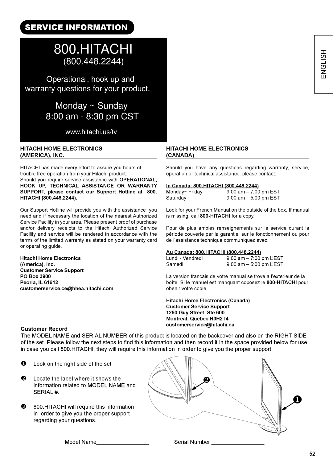 Hitachi UT32X802 manual Service Information, Operational, hook up Warranty questions for your product, Customer Record 