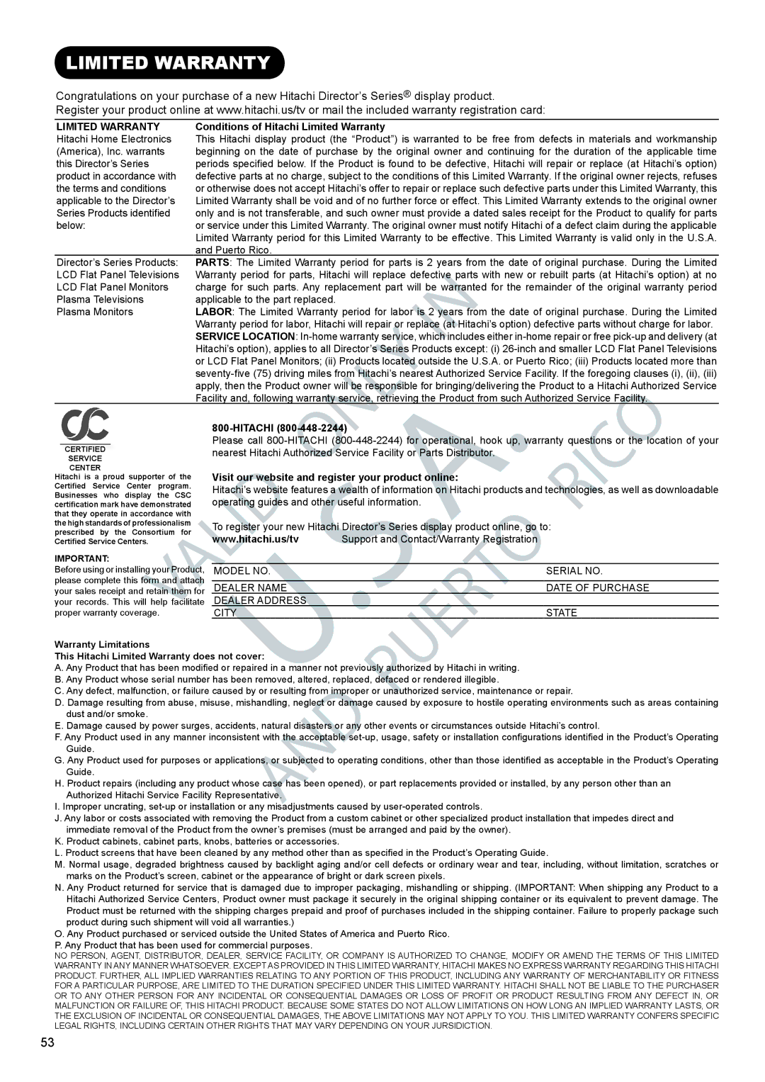 Hitachi UT32X802 manual Conditions of Hitachi Limited Warranty, Visit our website and register your product online 