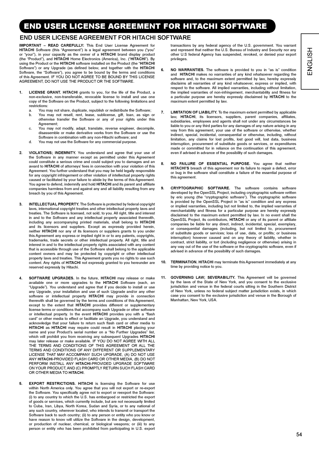 Hitachi UT32X802 manual END User License Agreement for Hitachi Software 