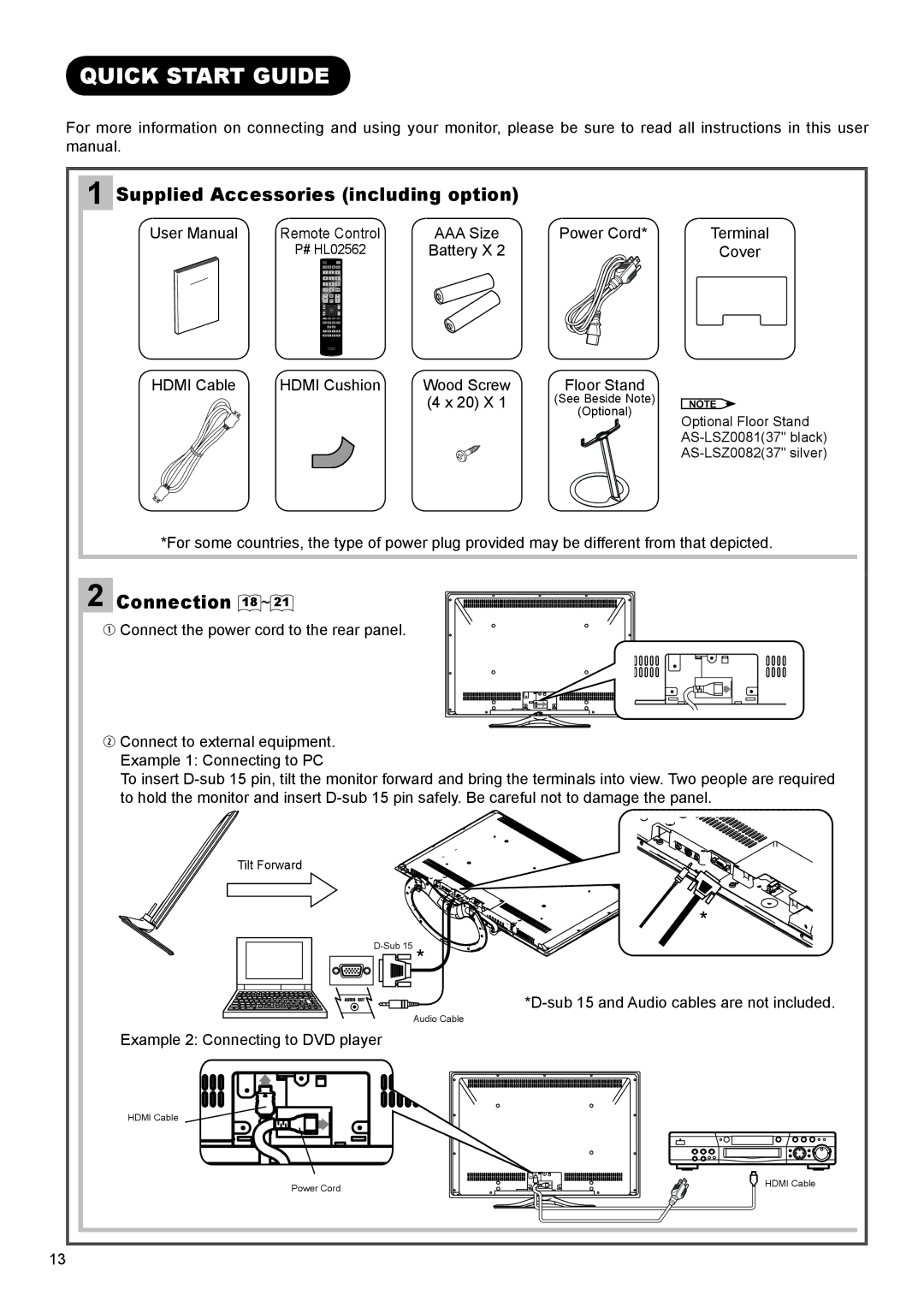 Hitachi UT37V702, UT42V702 manual Quick Start Guide, Supplied Accessories including option, Connection 18 ~ 