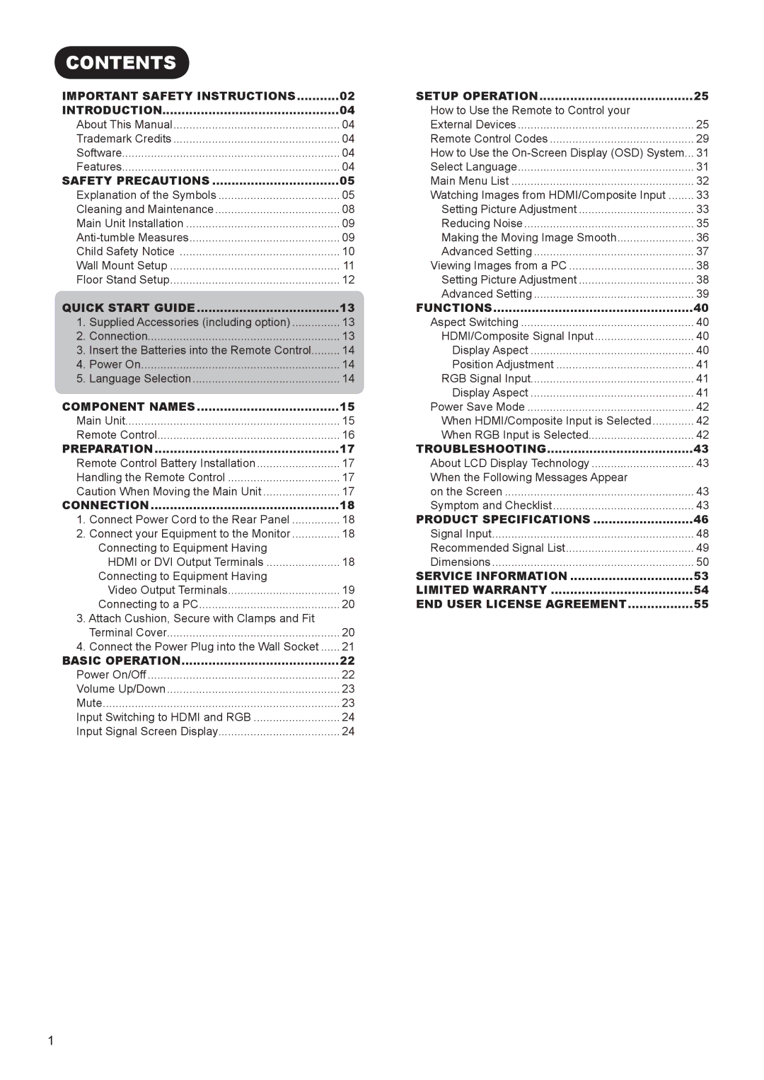 Hitachi UT37V702, UT42V702 manual Contents 