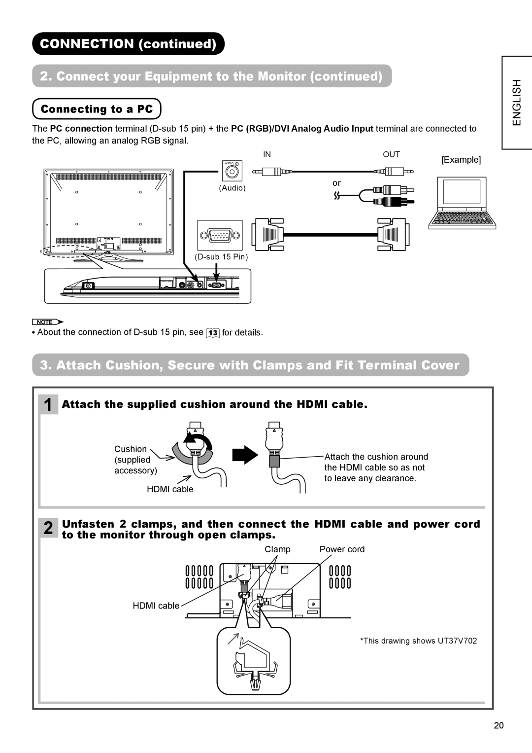 Hitachi UT42V702, UT37V702 manual Attach Cushion, Secure with Clamps and Fit Terminal Cover, Connecting to a PC 