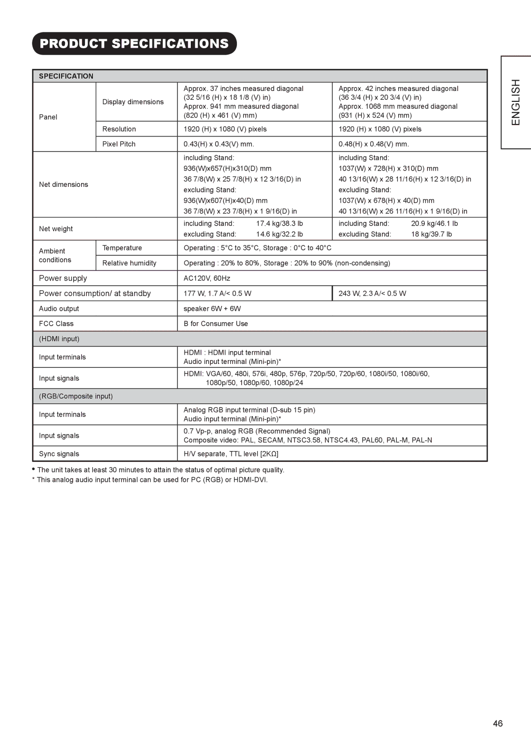 Hitachi UT42V702, UT37V702 manual Product Specifications 