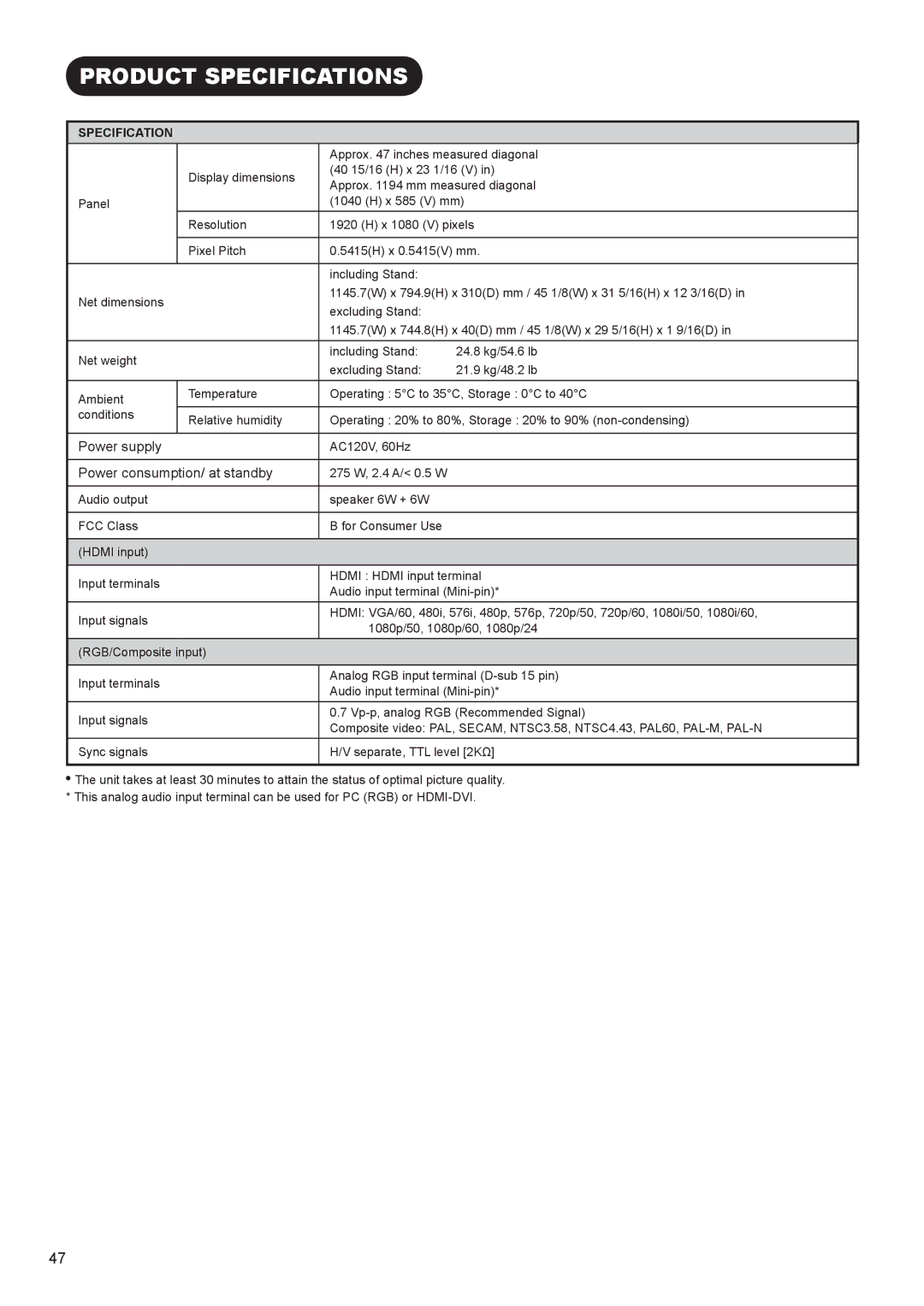 Hitachi UT37V702, UT42V702 manual Approx inches measured diagonal 