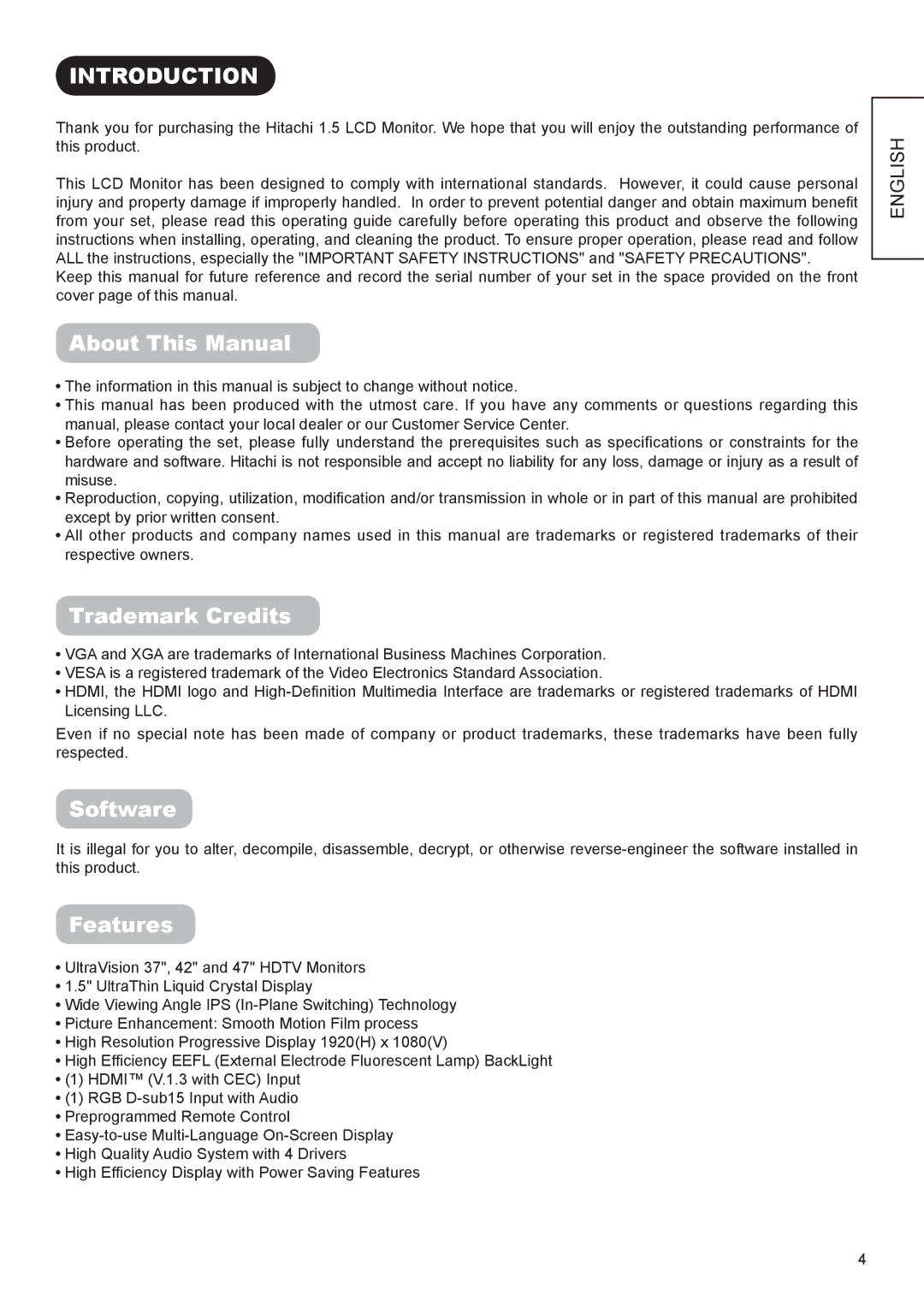 Hitachi UT42V702, UT37V702 manual Introduction, About This Manual, Trademark Credits, Software, Features 