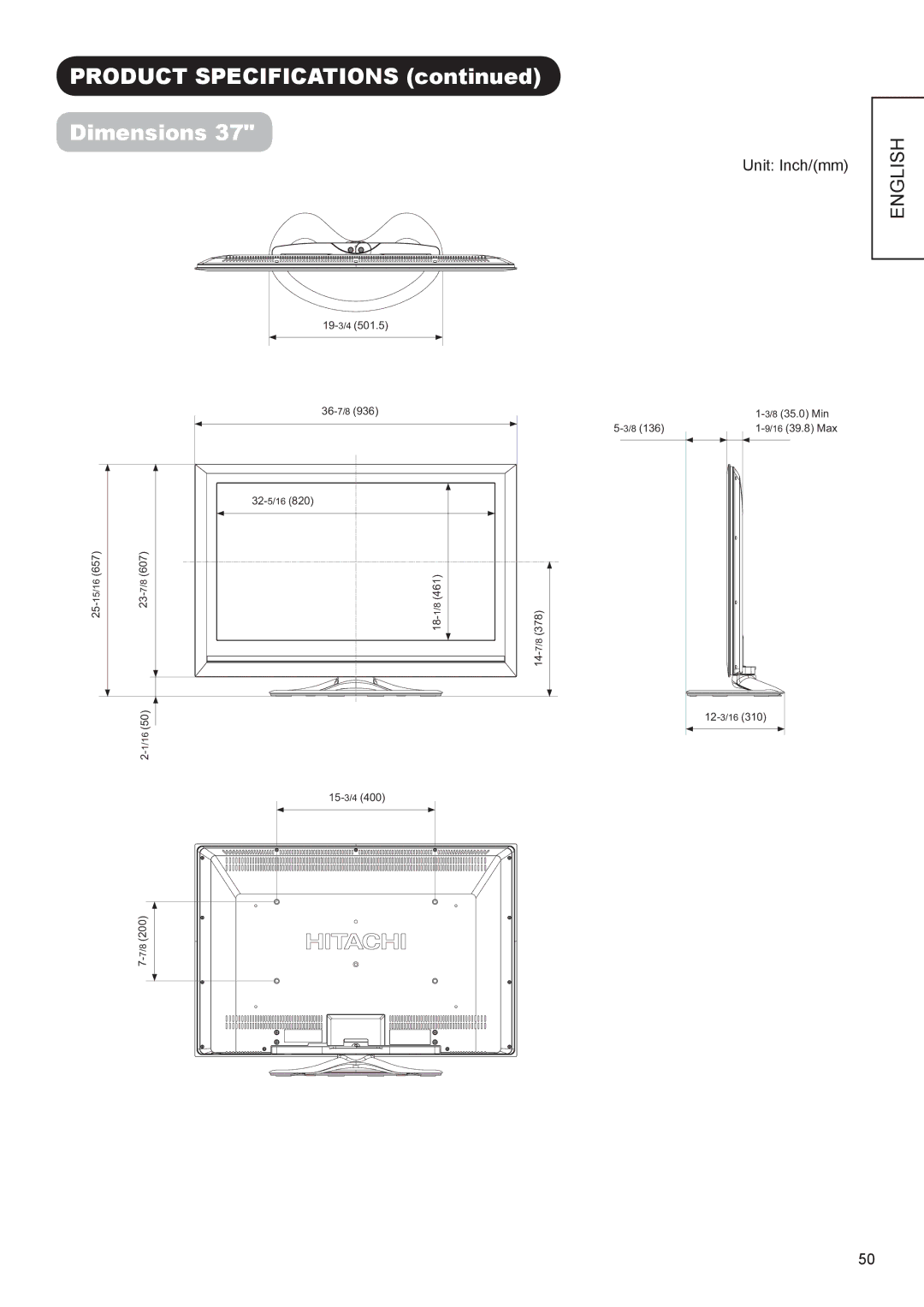 Hitachi UT42V702, UT37V702 manual Product Specifications Dimensions 