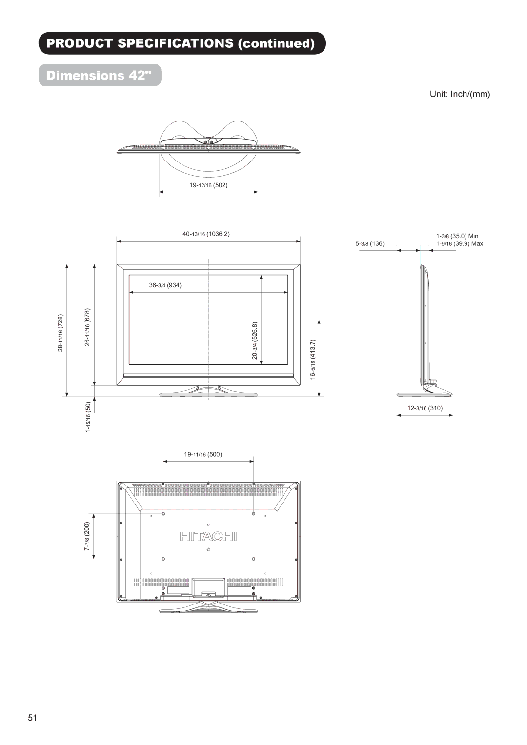 Hitachi UT37V702, UT42V702 manual Product Specifications Dimensions 