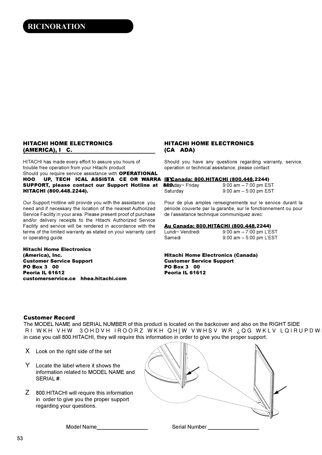 Hitachi UT37V702, UT42V702 Service Information, Operational, hook up Warranty questions for your product, Customer Record 