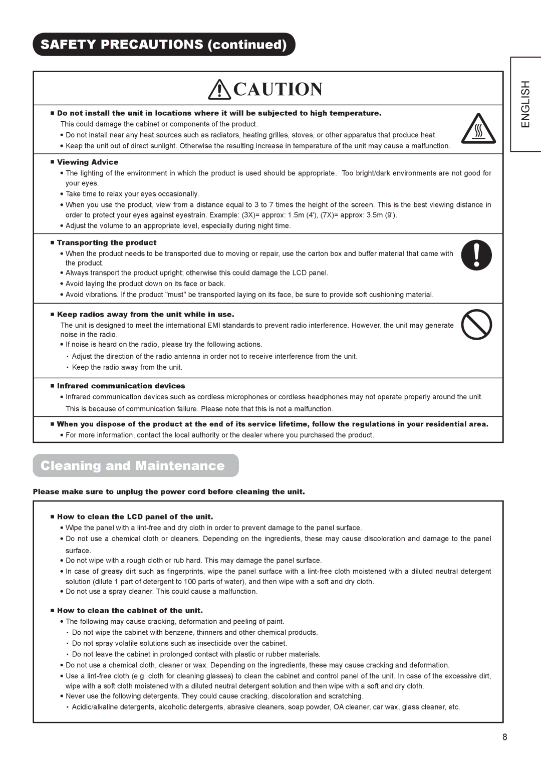 Hitachi UT42V702, UT37V702 manual Cleaning and Maintenance 