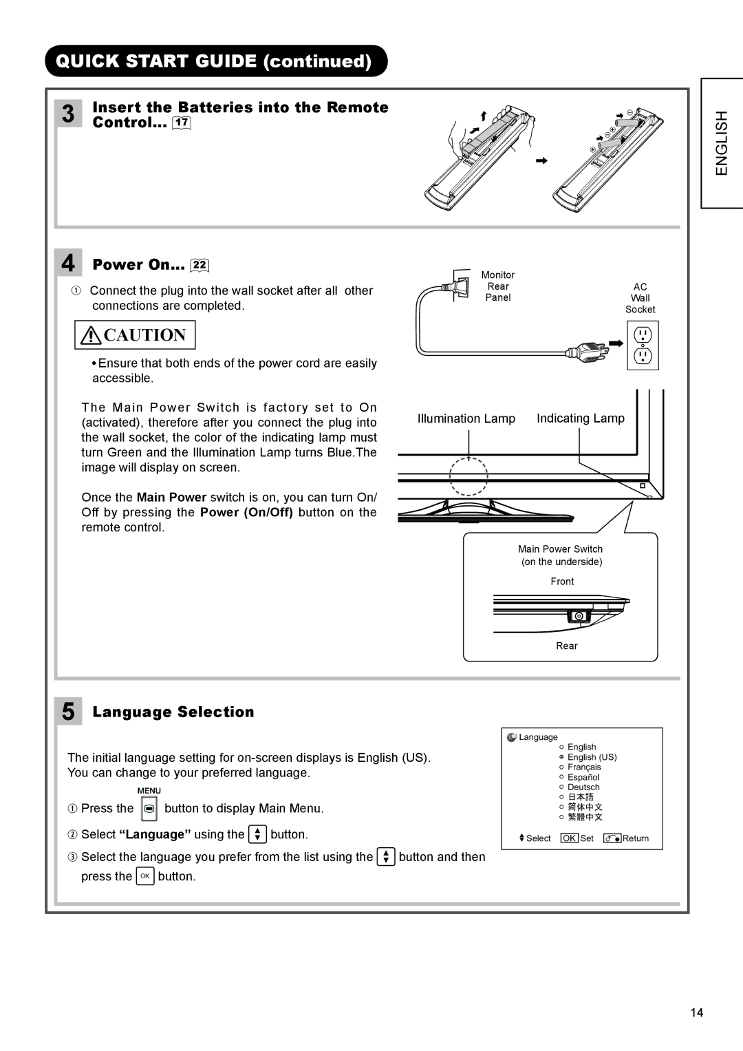 Hitachi UT47X902, UT37X902 Quick Start Guide, Insert the Batteries into the Remote, Control, Power On, Language Selection 