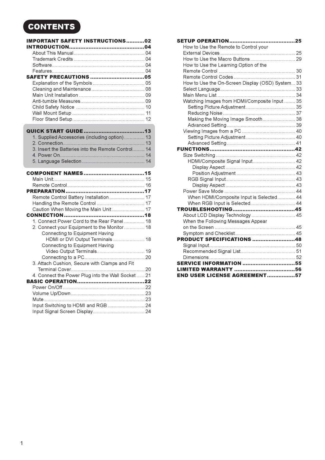 Hitachi UT42X902, UT47X902, UT37X902 manual Contents 