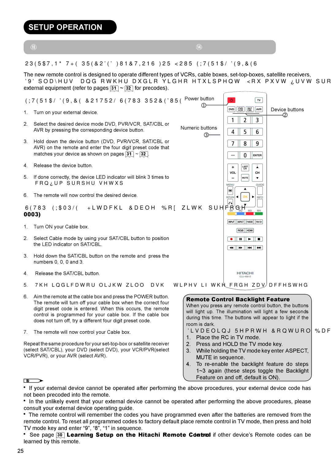 Hitachi UT42X902 Setup Operation, How to Use the Remote to Control your External Devices, Remote Control Backlight Feature 