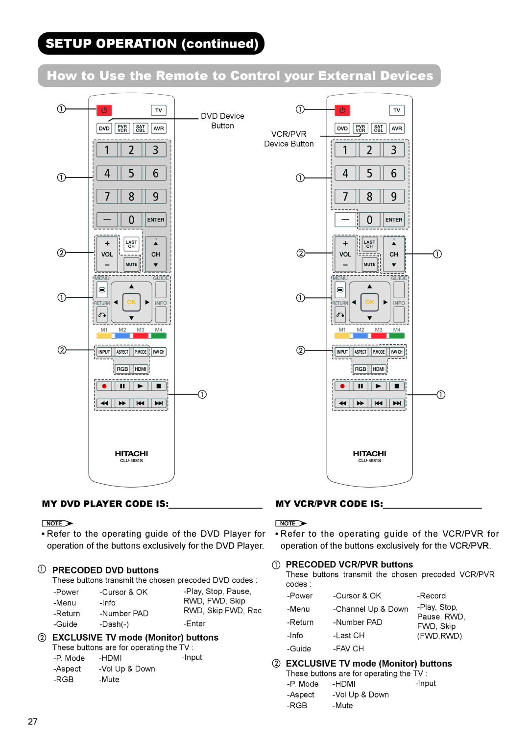 Hitachi UT37X902, UT47X902 manual MY DVD Player Code is MY VCR/PVR Code is, Precoded DVD buttons, Precoded VCR/PVR buttons 