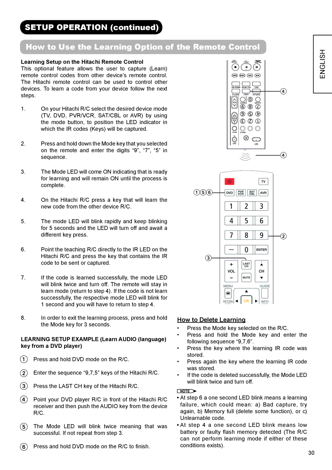 Hitachi UT37X902, UT47X902, UT42X902 manual How to Delete Learning, Learning Setup on the Hitachi Remote Control 