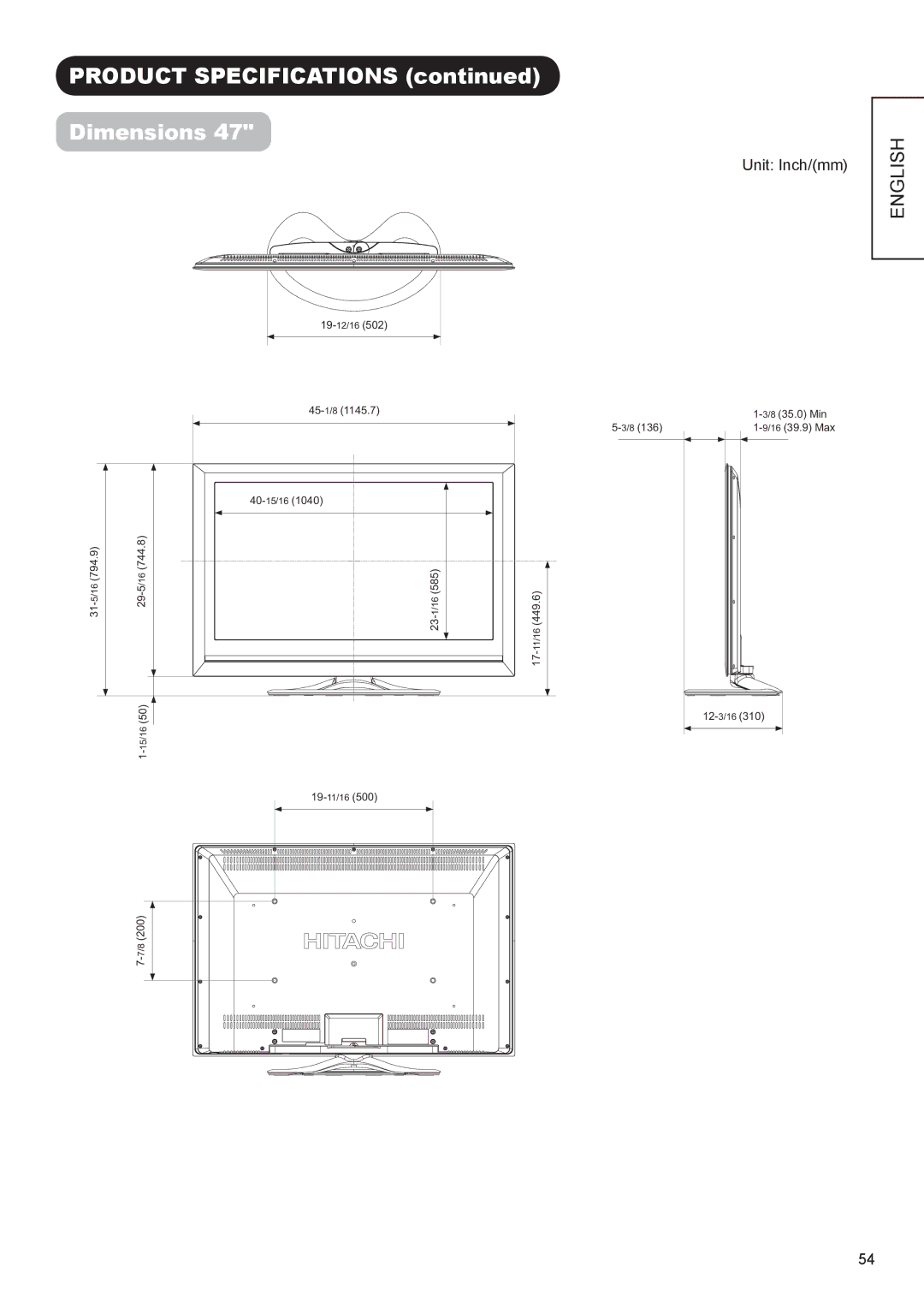 Hitachi UT37X902, UT47X902, UT42X902 manual Product Specifications Dimensions 