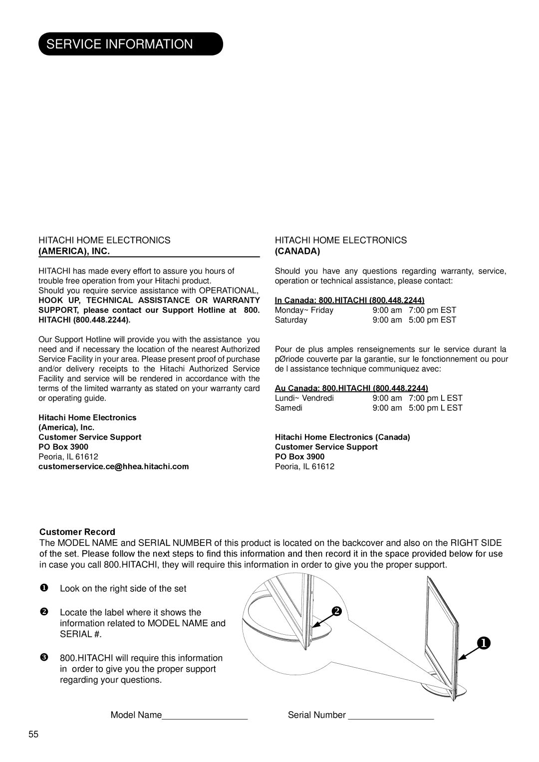 Hitachi UT42X902, UT47X902 Service Information, Operational, hook up Warranty questions for your product, Customer Record 