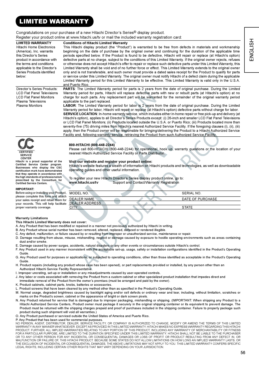 Hitachi UT47X902 manual Conditions of Hitachi Limited Warranty, Visit our websiteONLand register your product online 