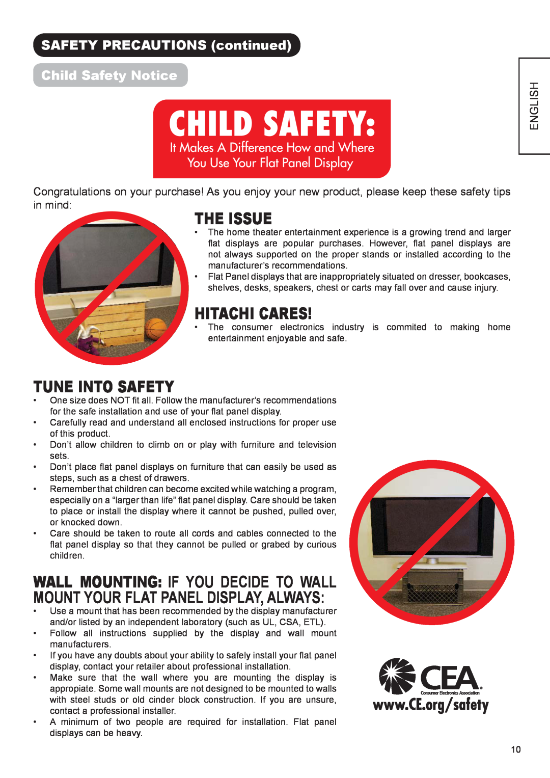 Hitachi UT42X902, UT47X902 manual SAFETY PRECAUTIONS continued Child Safety Notice, Hitachi Cares, Tune Into Safety, English 