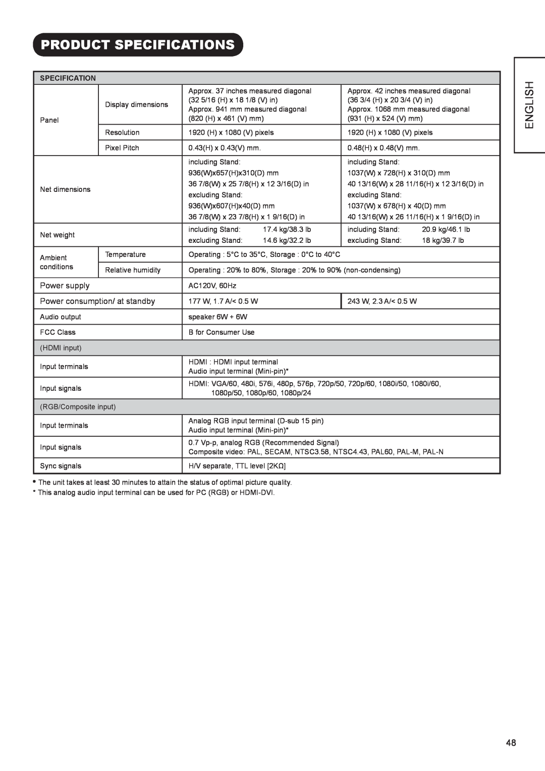 Hitachi UT37X902, UT47X902, UT42X902 manual Product Specifications, English, Power supply, Power consumption/ at standby 