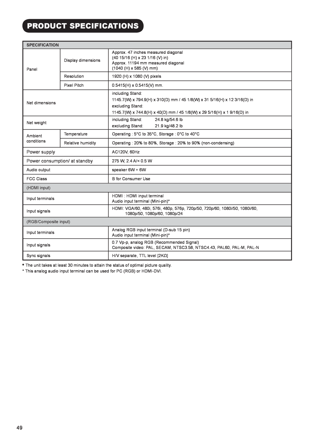 Hitachi UT42X902, UT47X902, UT37X902 manual Product Specifications 