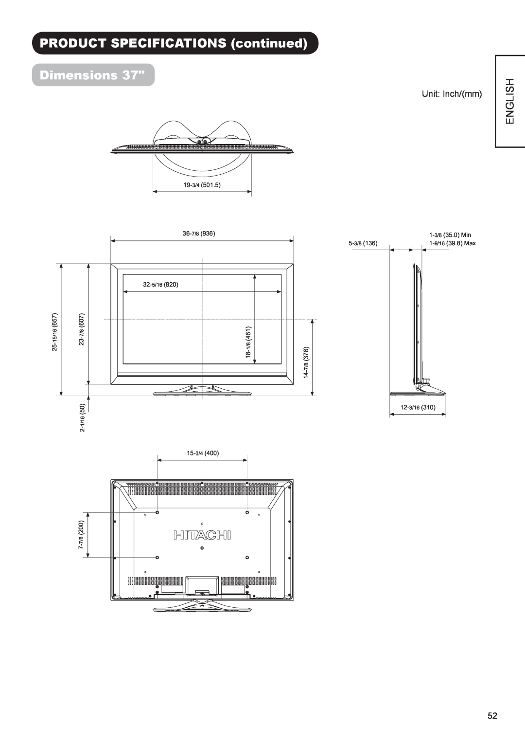 Hitachi UT42X902, UT47X902, UT37X902 manual PRODUCT SPECIFICATIONS continued Dimensions, English, Unit Inch/mm 