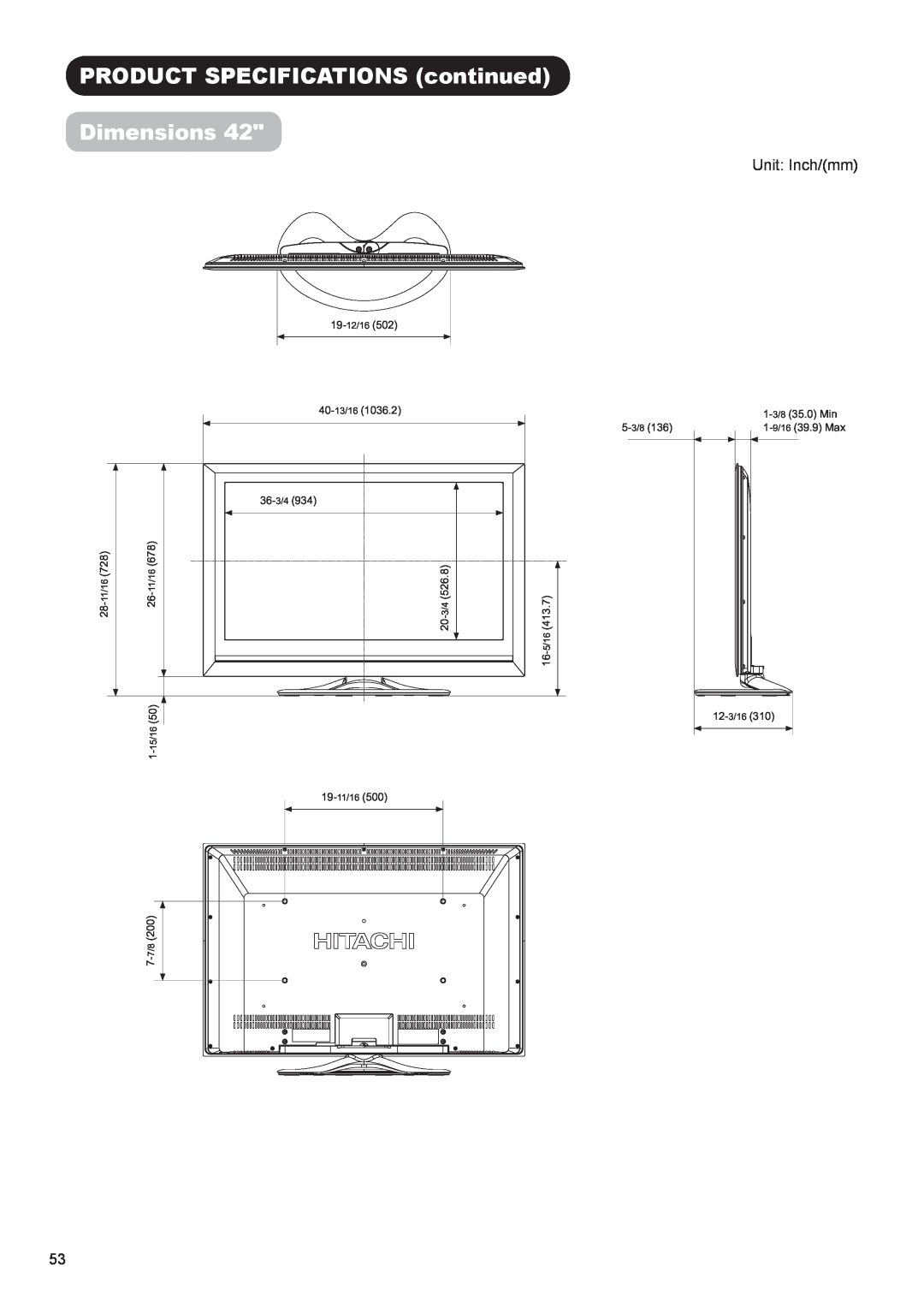 Hitachi UT47X902, UT37X902, UT42X902 manual PRODUCT SPECIFICATIONS continued Dimensions, Unit Inch/mm 