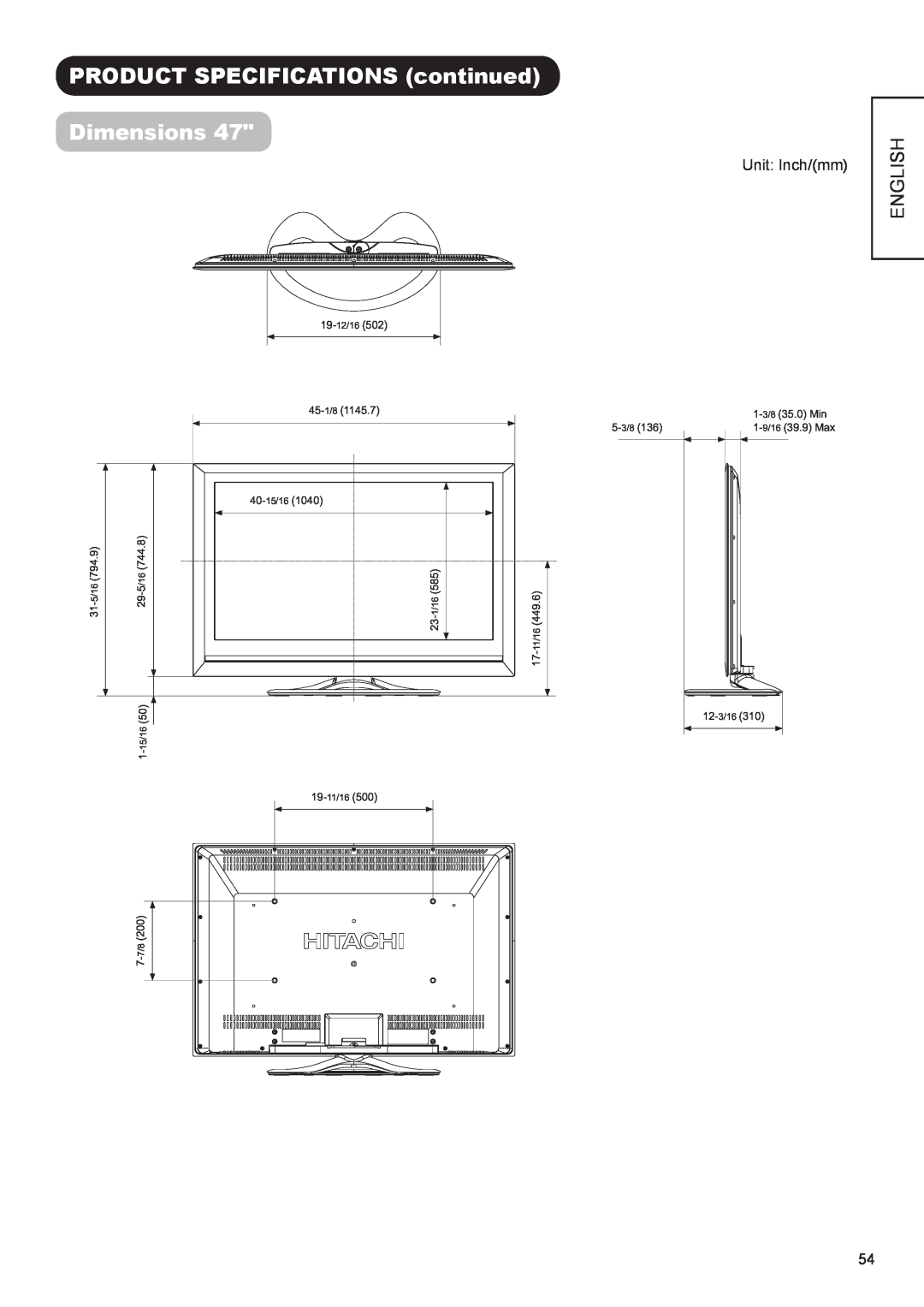 Hitachi UT37X902, UT47X902, UT42X902 manual PRODUCT SPECIFICATIONS continued Dimensions, English 