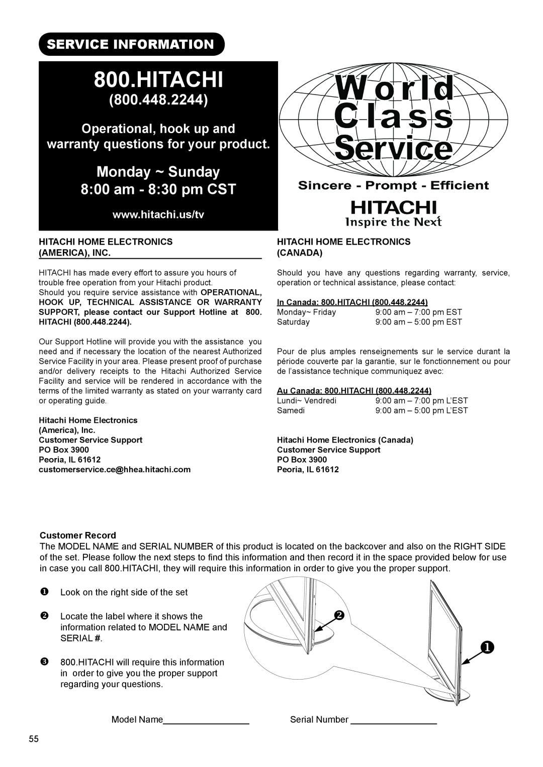 Hitachi UT42X902 manual Service Information, Operational, hook up and warranty questions for your product, Customer Record 