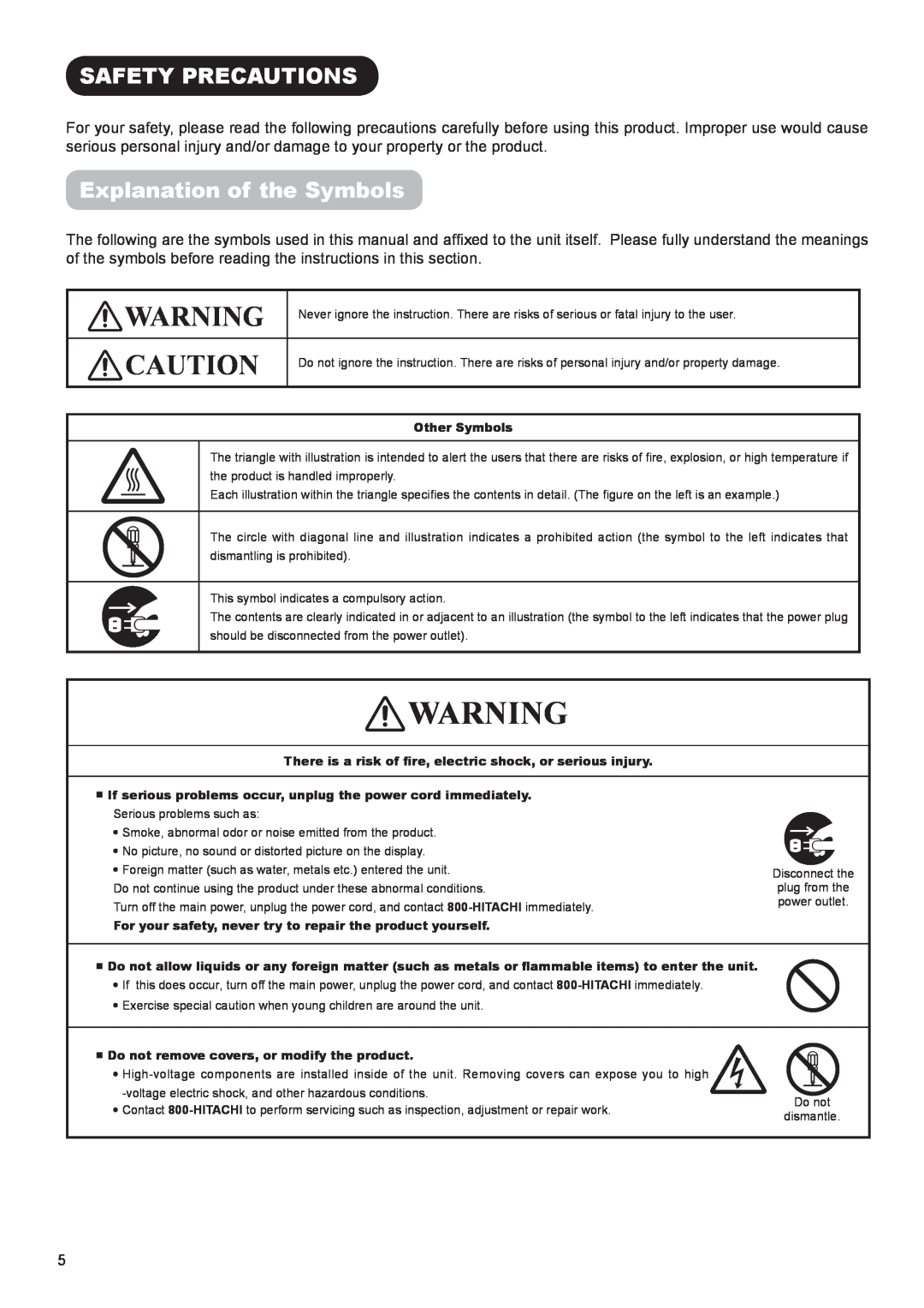 Hitachi UT47X902, UT37X902, UT42X902 manual Safety Precautions, Explanation of the Symbols, Other Symbols 
