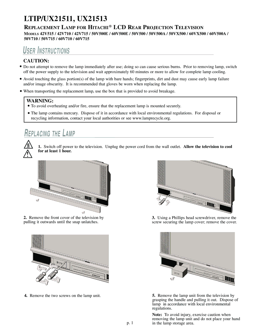 Hitachi manual LTIP/UX21511, UX21513, User Instructions, Replacing the Lamp 