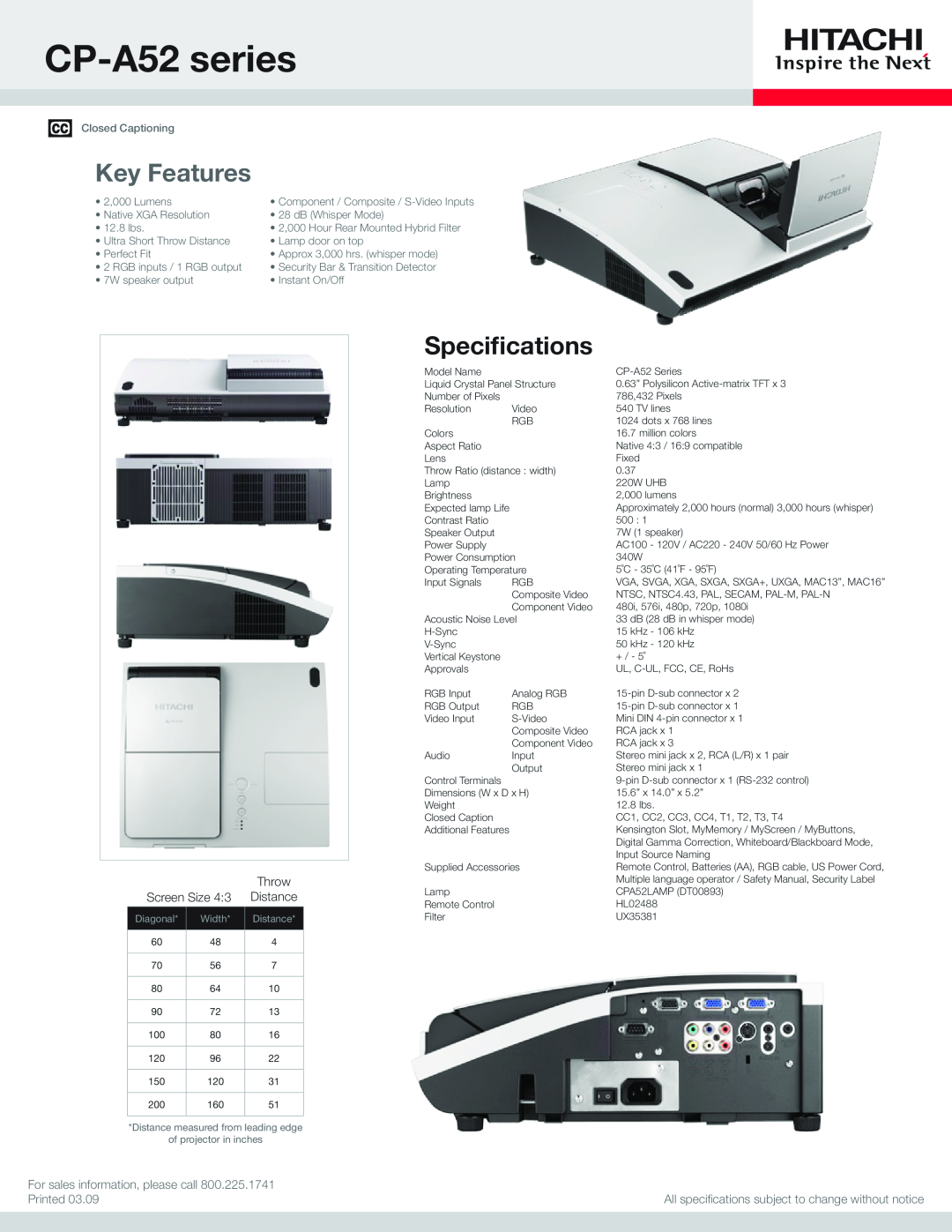 Hitachi specifications CP-A52series, Key Features, Specifications, Screen Size, Throw, Distance, Printed, Diagonal 