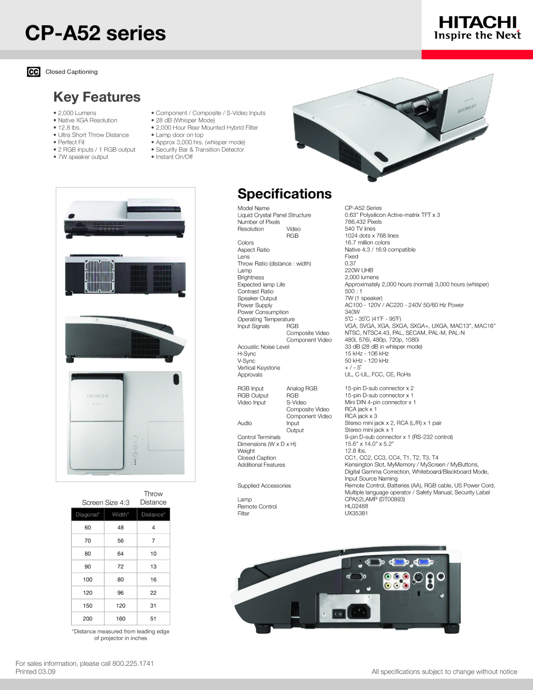 Hitachi UX35381 specifications CP-A52 series, Key Features, Specifications, Screen Size 