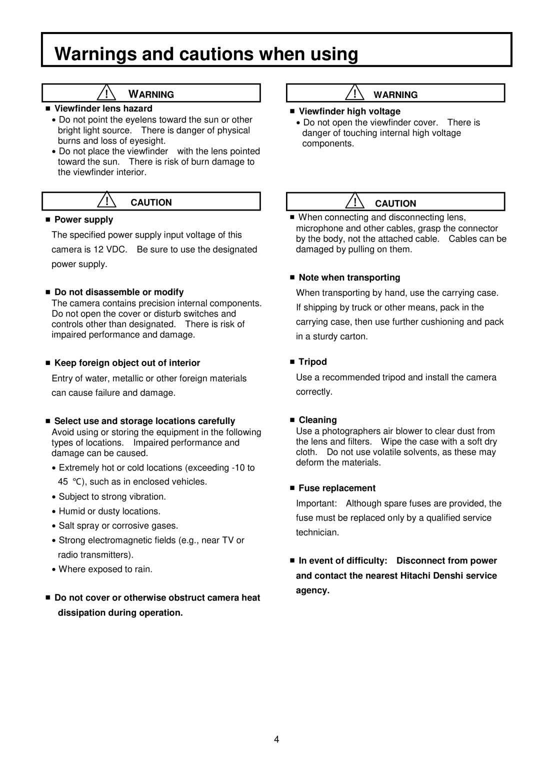 Hitachi V-21 Viewfinder lens hazard, Power supply, Do not disassemble or modify, Keep foreign object out of interior 