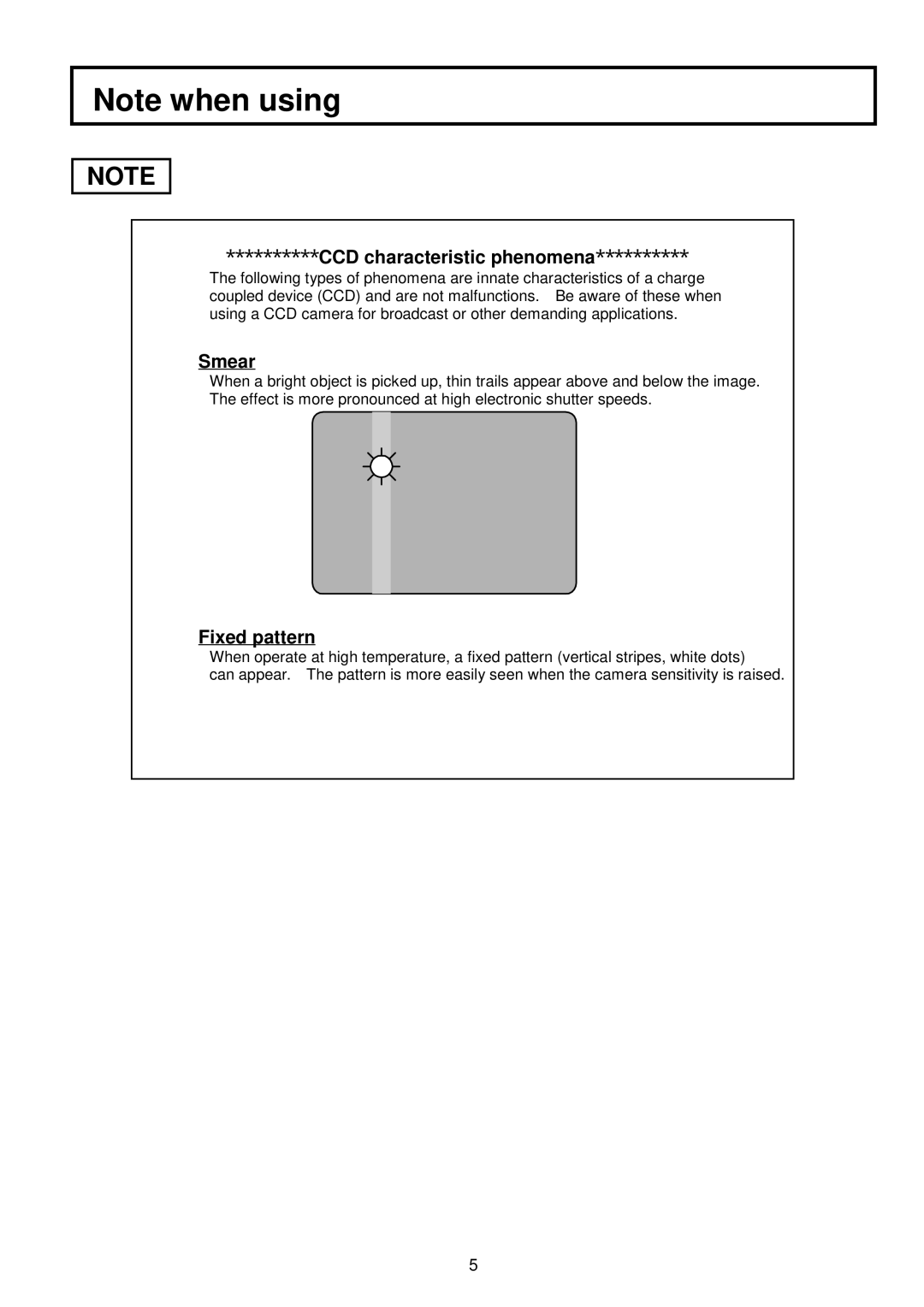 Hitachi V-21W operating instructions CCD characteristic phenomena, Smear, Fixed pattern 