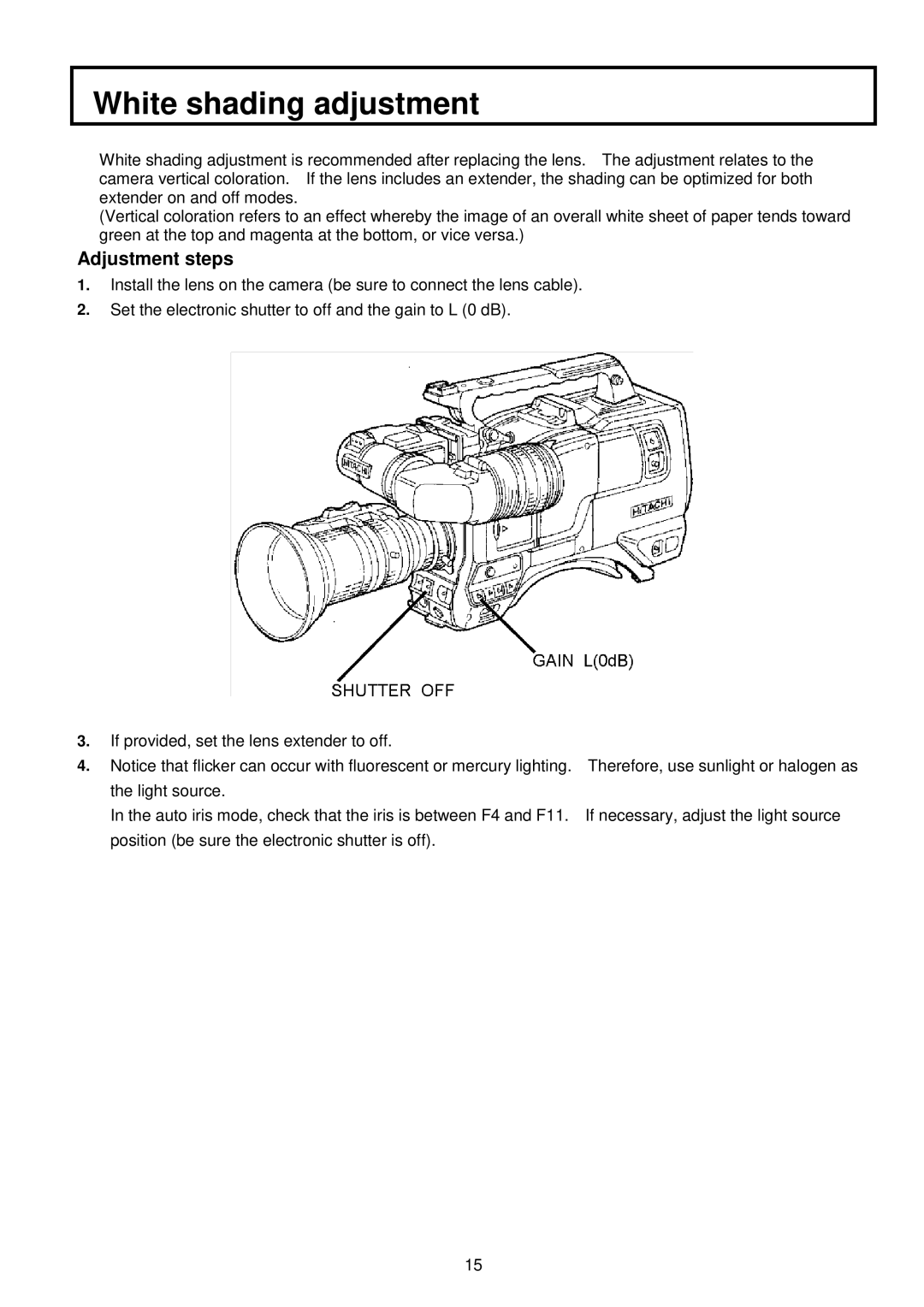 Hitachi V-21W operating instructions White shading adjustment, Adjustment steps 