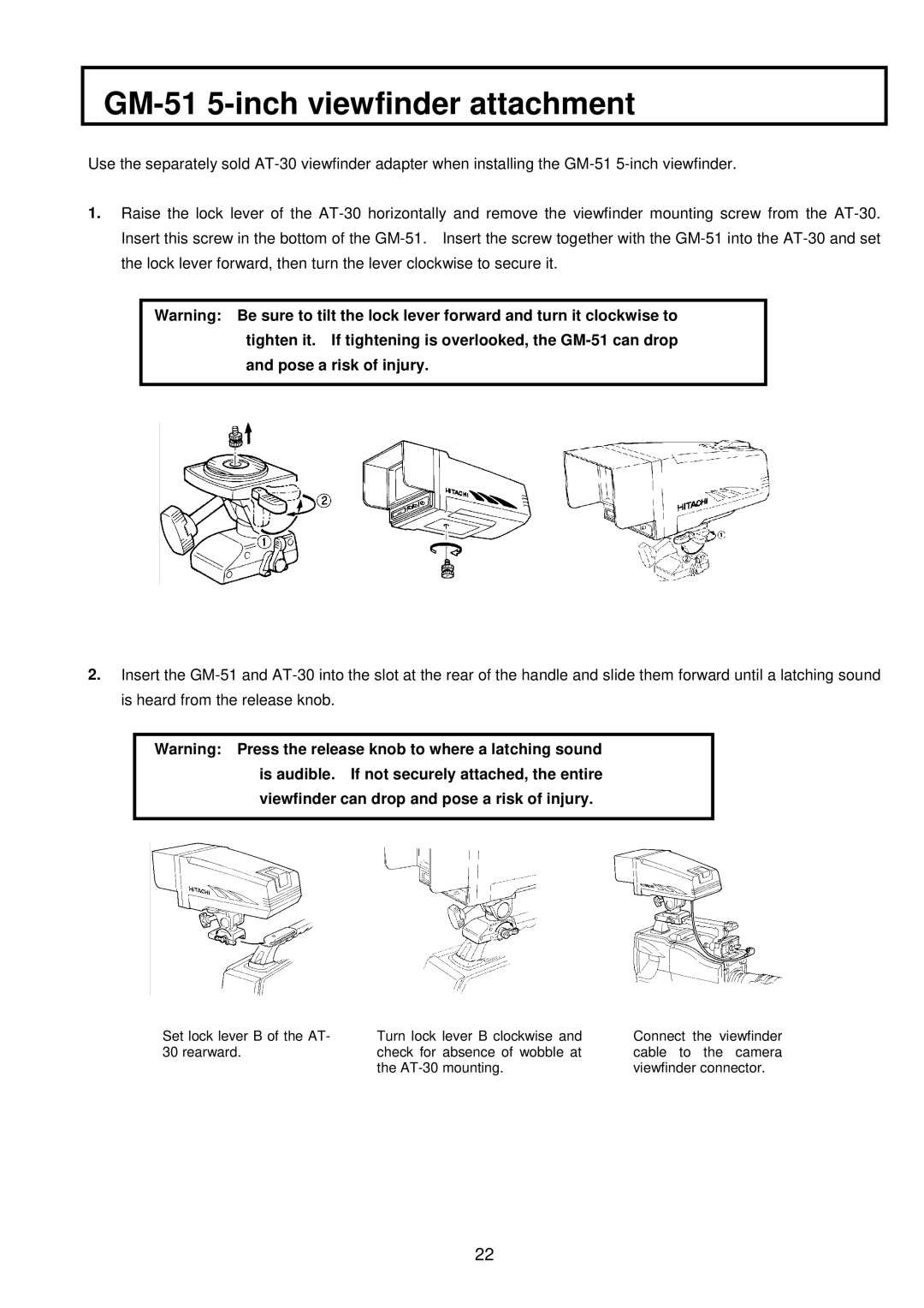 Hitachi V-21W operating instructions GM-51 5-inch viewfinder attachment 