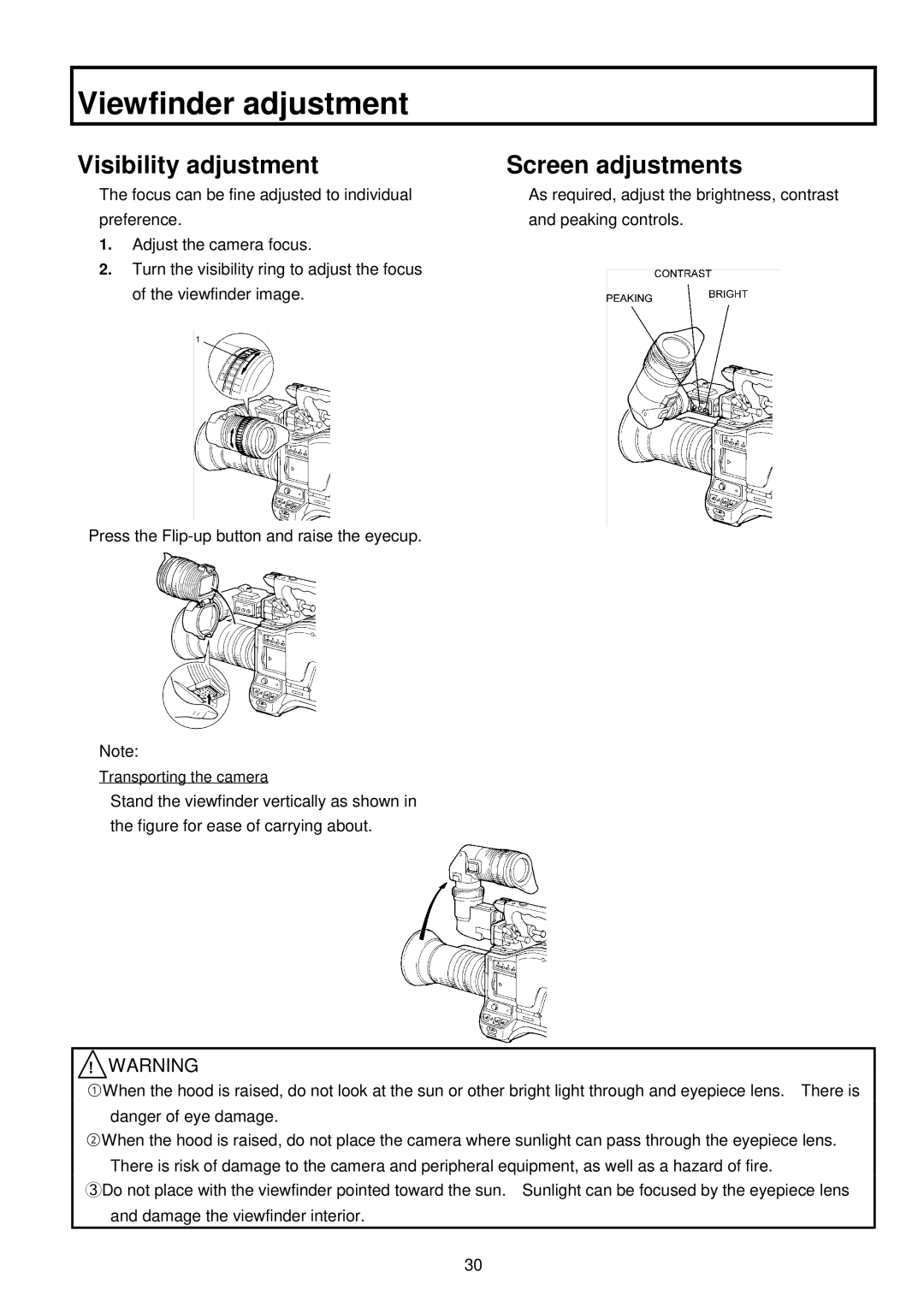 Hitachi V-21W operating instructions Visibility adjustment Screen adjustments 