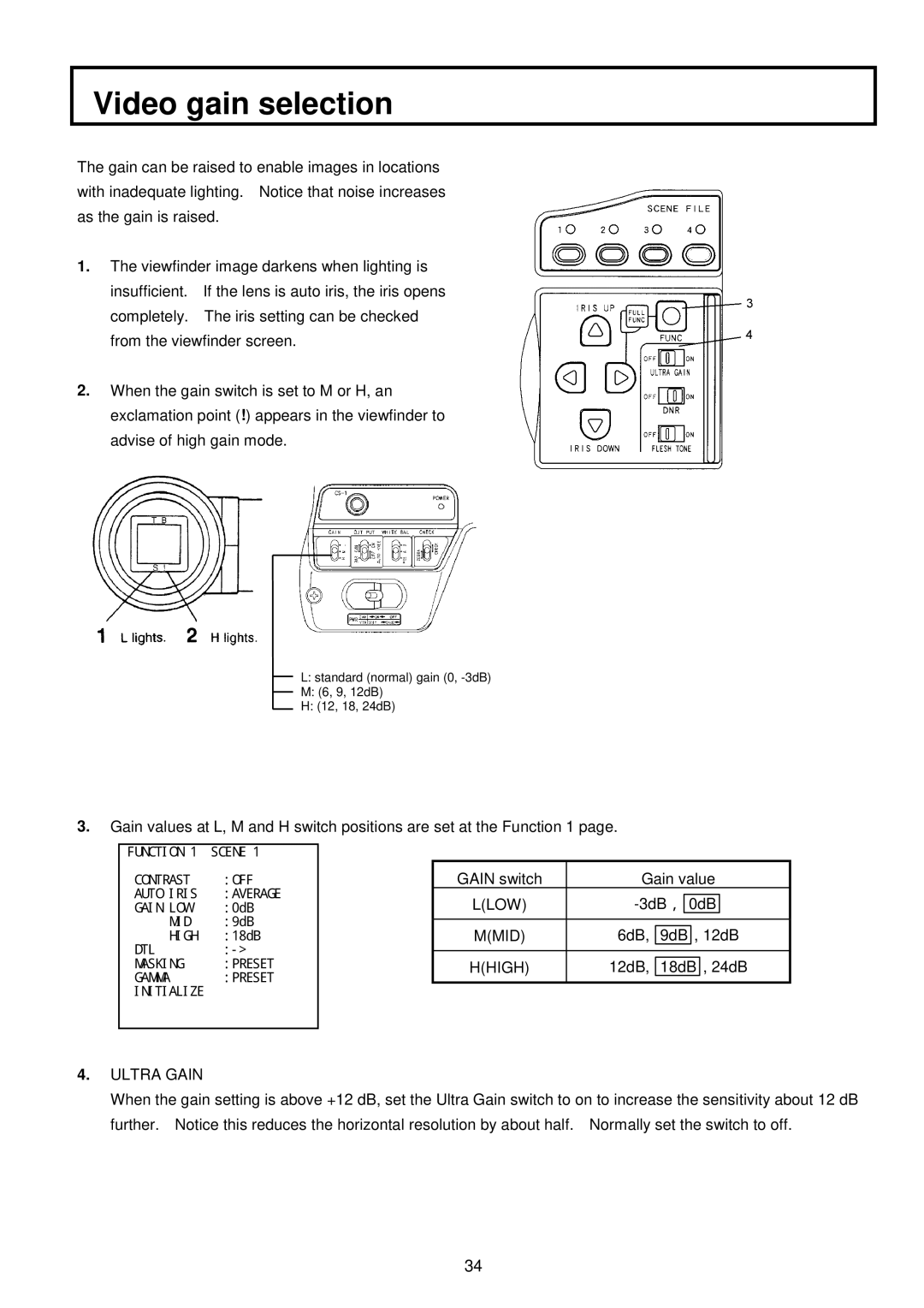 Hitachi V-21W operating instructions Video gain selection, Llow, Mmid, Hhigh, Ultra Gain 