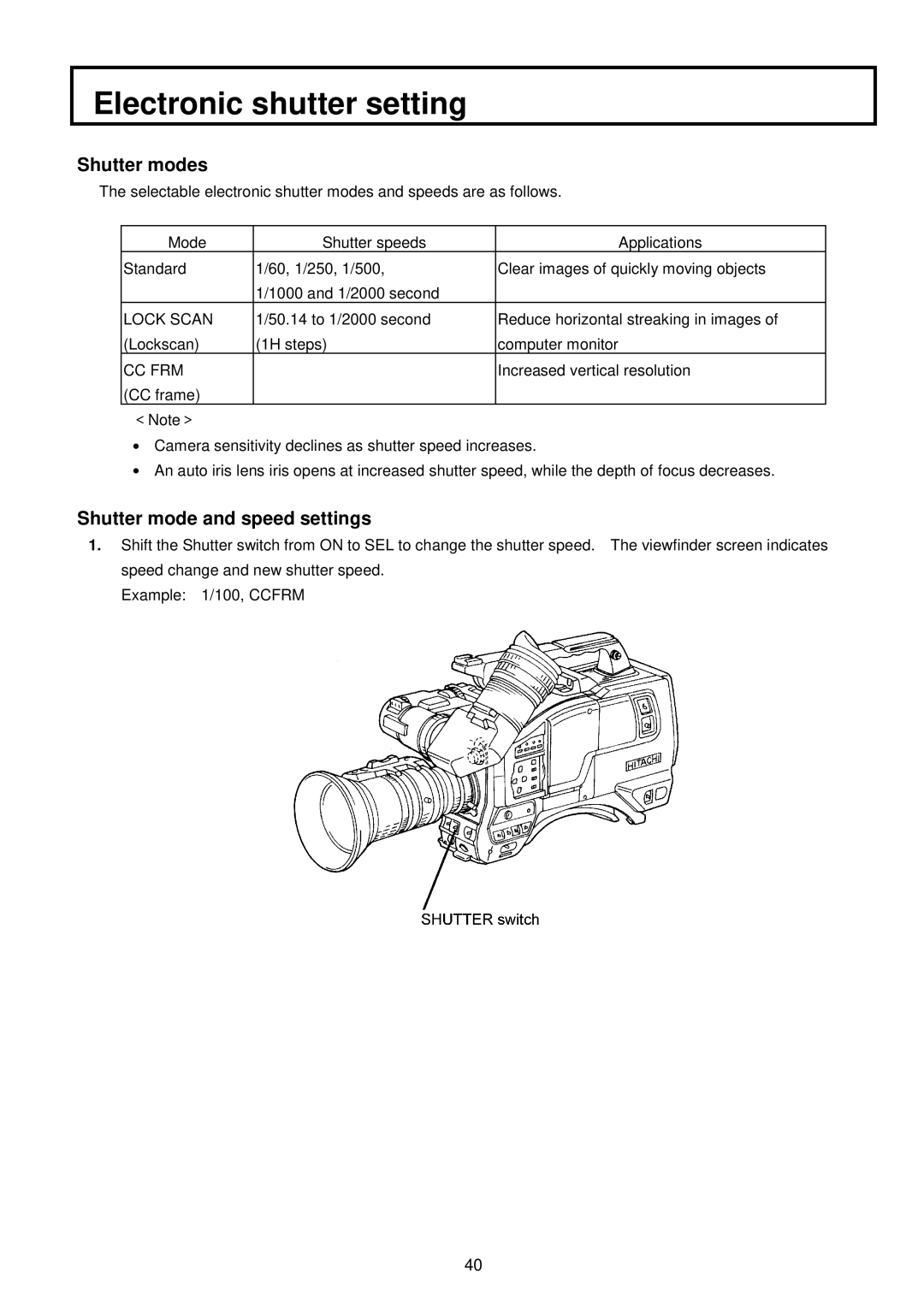 Hitachi V-21W Electronic shutter setting, Shutter modes, Shutter mode and speed settings, Lock Scan, Cc Frm 